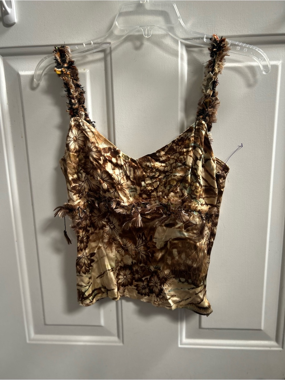 Y2K Alberto Makali Brown and Cream floral w/ feathers & Sequins tank Sz S - Picture 3 of 15